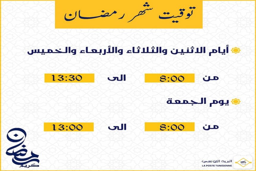 La Poste Tunisienne rappelle que 67 bureaux de poste et 25 agences RapidPost continuent à assurer une séance du travail les samedis de 9h00 à 12h15.